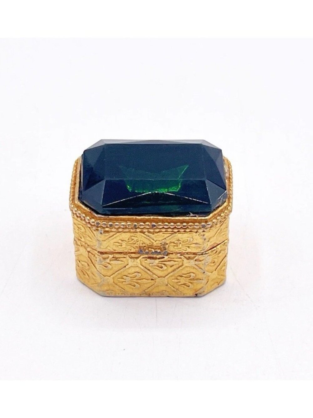 VTG Florenza Keepsake Trinket Pill Box Green Glass Cabochon Gold Tone Jeweled